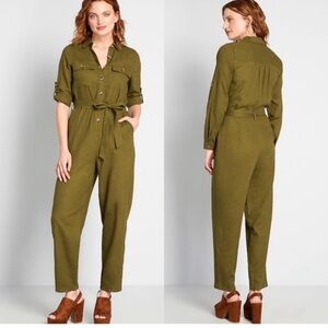 Modcloth Linen Blend Long Sleeve Olive Green Jumpsuit Sz 2x